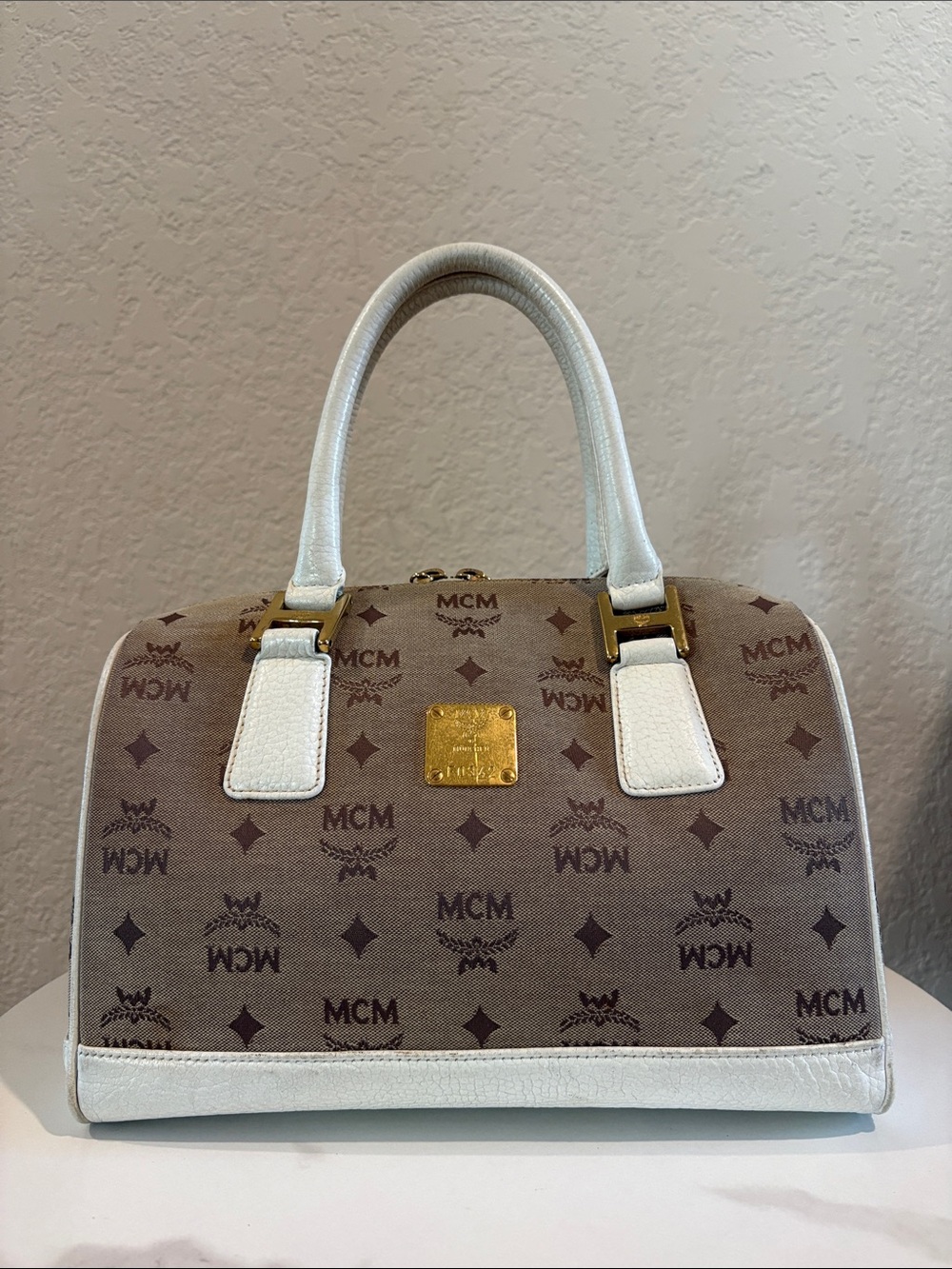 MCM White Trim Gray Monogram Satchel Boston Bag Canvas
